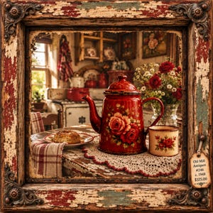 May include: A red enamel coffee pot with a floral rose pattern sits on a lace doily next to a matching mug and a plate with a scone. The scene is framed by a distressed, weathered wooden frame with a tag labelled Old Mill Antiques #246 c. 1948.