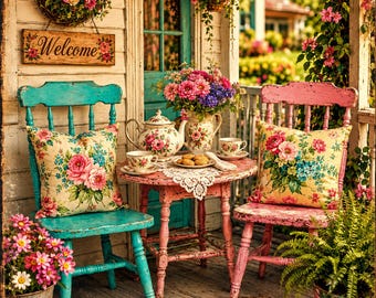 Vintage Floral Porch Tea Scene Matte Canvas