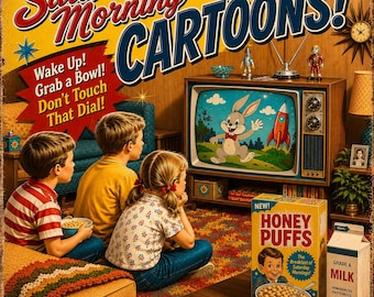 Saturday Morning Cartoons Canvas | Retro Kids Watching TV Matte Stretched