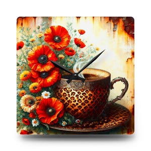 May include: Square wall clock featuring a coffee cup with a leopard print design, steam rising from the coffee, and a floral arrangement of red poppies and yellow flowers. The clock hands are black.