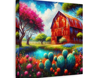 Lienzo impreso de granero rojo: Arte mural de paisaje de la región montañosa de Texas