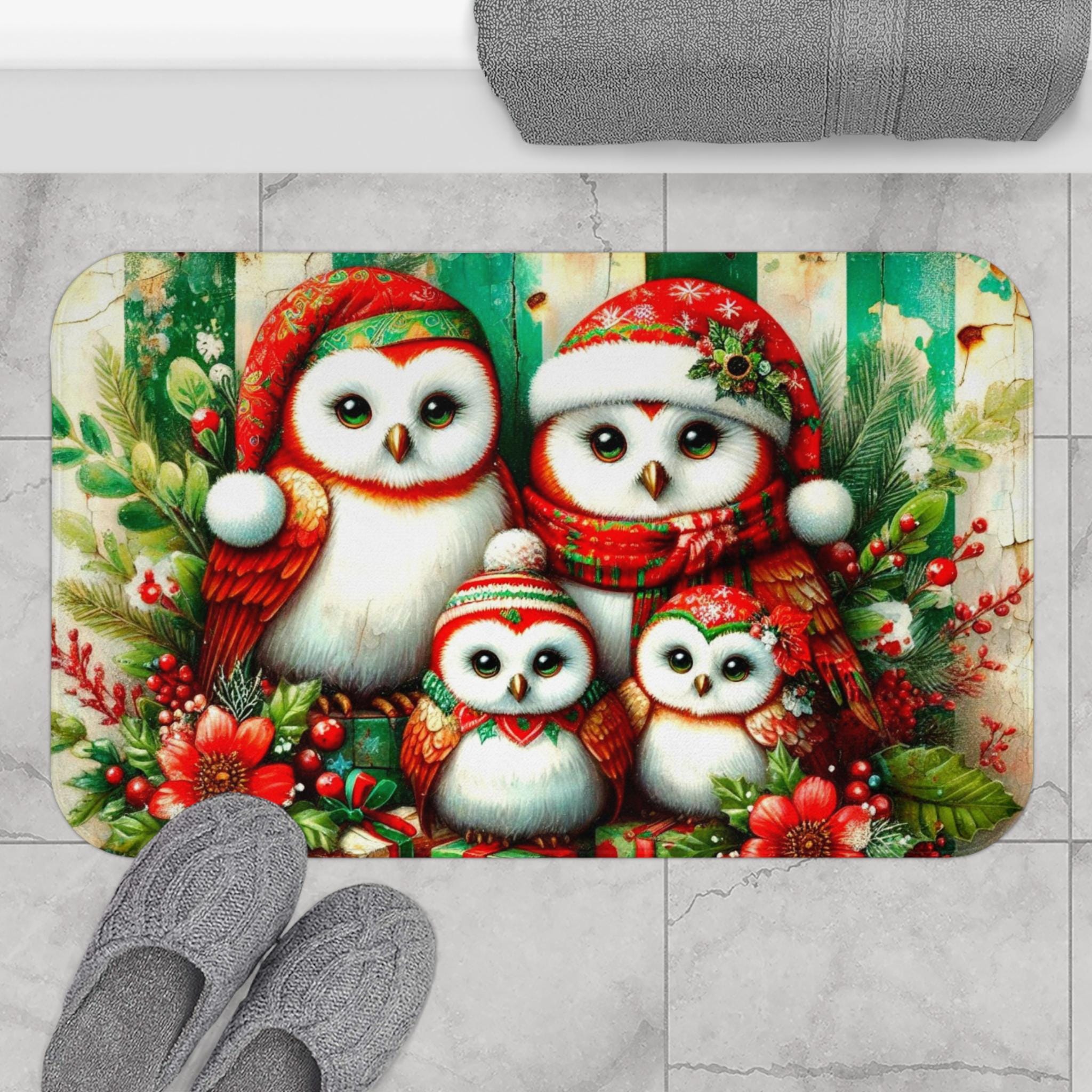 Holiday Owl Bathmat - Adorable, Charming, Heartwarming, Precious - Christmas Bathroom Decor, Cute Ow