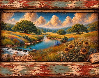 Countryside River Landscape Canvas | Rustic Sunflower Field Wall Art