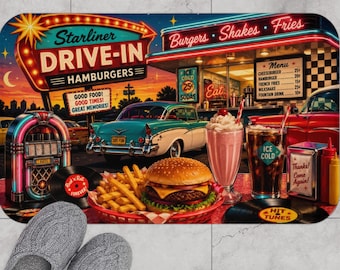 Retro 1950s Small Batch Release: Drive-In Diner Accent Mat | Burger, Fries, Milkshake Scene