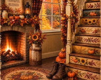 Grateful Thankful Blessed Autumn Harvest Cozy Fall Staircase Canvas