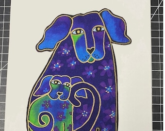 Fusible Applique Laurel Burch Purple Blue metallic Gold Mama Pup w baby 5x8inches use on Pillow clothing Totes EMBELLISH EMBROIDER ENJOY