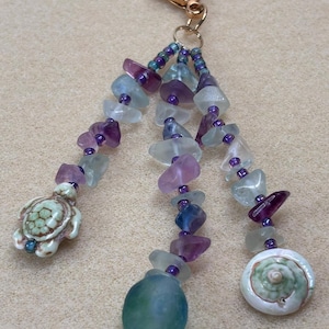 Handcrafted Purse Charm - Key Fob - Zipper Pull - Turtle & Sea Shell focal beads w Genuine Fluorite Beads