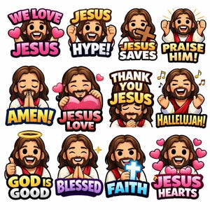 May include: A collection of colorful stickers featuring a cartoon depiction of Jesus with various expressions and phrases. The stickers include phrases like "We Love Jesus," "Jesus Hype!," "Jesus Saves," and "Praise Him!"