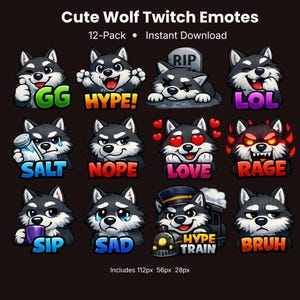 Puede incluir: Un conjunto de 12 emotes de lobo de Twitch. Cada emote presenta un lobo de dibujos animados con diferentes expresiones y texto, incluyendo "GG", "HYPE!", "LOL", "SALT", "NOPE", "LOVE", "RAGE", "SIP", "SAD", "HYPE TRAIN" y "BRUH".
