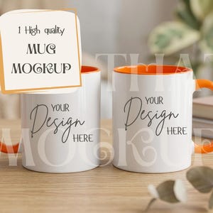 Orange Accent Mug Mockup, 11oz Ceramic Mug, Cozy Scene (Digital Download)