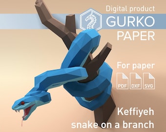 Keffieh serpent sur une branche Papercraft, modèle numérique, PDF, SVG, téléchargement DXF, Gurko, 3D Low Poly, Pepakura, décoration sculpture en origami bricolage