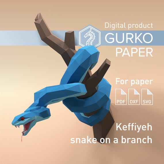 Keffiyeh Snake On A Branch Papercraft, Digital Template, PDF, SVG, DXF Download, Gurko, 3d Low Poly, Pepakura, Diy Origami Sculpture Decor