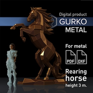 Könnte beinhalten: Ein digitales Produktbild einer sich aufbäumenden Pferdeskulptur mit der Bezeichnung "GURKO METAL". Das braune Metallpferd befindet sich in einer aufbäumenden Pose mit einer Höhe von 3 Metern. Das Bild enthält PDF- und DXF-Dateisymbole und den Text "For metal".