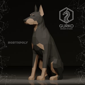K&ouml;nnte beinhalten: Ein Low-Poly-3D-Modell eines schwarzen und braunen Dobermanns, der sitzt und den Kopf nach links gedreht hat. Der Hund ist in einem realistischen Stil mit einer texturierten Oberfl&auml;che gerendert. Der Hintergrund ist schwarz.