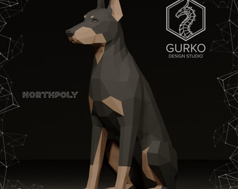 Doberman sentado, perro, plantilla digital, descarga en PDF, Gurko, 3D LowPoly, Pepakura, escultura de origami, decoración de papel para fiestas, regalo DIY