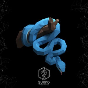 May include: A blue, low-poly snake wrapped around a brown branch. The snake is rendered in a 3D style with a geometric design.