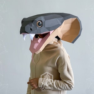 Cobramasker Papercraft, slang, digitale sjabloon, pdf-download, gurko, 3D Low Poly dierenmasker, DIY-origami, pepakura, papieren masker, DIY-kostuum