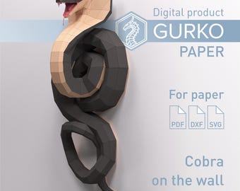 Papercraft Cobra On The Wall, Snake, Digital Template, PDF Download, SVG, DXF, Gurko, 3d Low Poly, Pepakura, Origami Sculpture, Paper Decor
