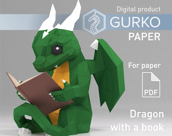 Papercraft Dragon With Book, Digital Template, PDF Download, Gurko, Low Poly, Pepakura, Origami Sculpture, Paper Party Decoration, DIY Gift