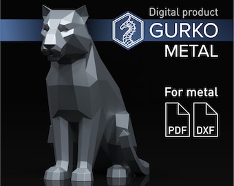 May include: A 3D model of a sitting panther, rendered in a metallic grey colour. The model is designed for metal fabrication and comes in PDF and DXF formats. The image includes the text "GURKO METAL" and "For metal".