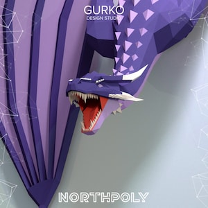 Dragón de papel que sale de la pared, plantilla digital, descarga en PDF, Gurko, 3D Low Poly, Pepakura, escultura de origami DIY, decoración de papel