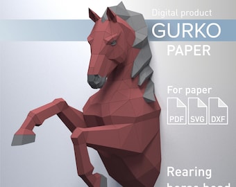 Rearing Horse Head Papercraft, Digital Template, PDF Download, Gurko, 3D Low Poly, Pepakura, DIY Origami Sculpture, Paper Decor, Gift