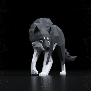 May include: A low-poly wolf model rendered in a 3D program. The wolf is standing on a black surface and is facing the viewer. The wolf is made up of triangles and has a gray and white color scheme.