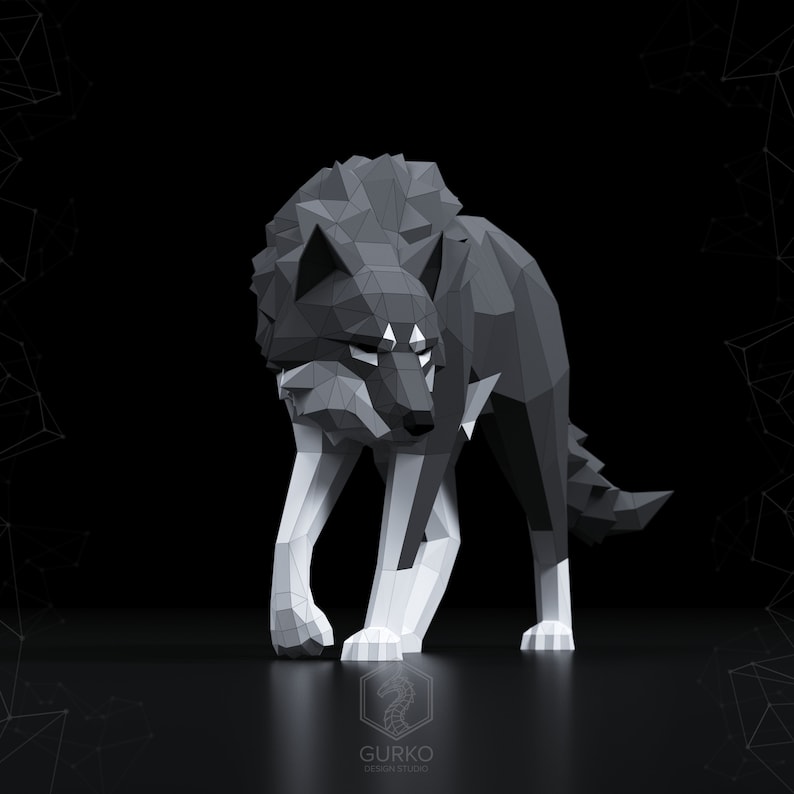 May include: A low-poly wolf model rendered in a 3D program. The wolf is standing on a black surface and is facing the viewer. The wolf is made up of triangles and has a gray and white color scheme.