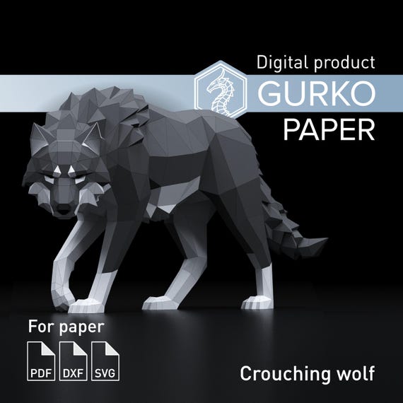 Crouching Wolf Papercraft, Digital Template, PDF, SVG, DXF Download, Gurko, Low Poly, Pepakura, Origami Sculpture, Paper Party Decoration