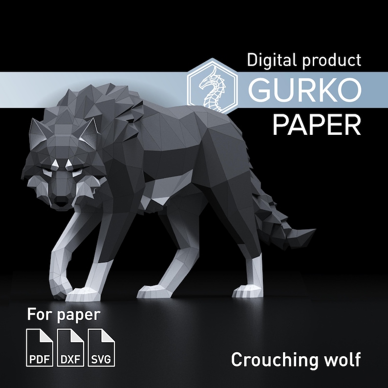 Crouching Wolf Papercraft, Digital Template, PDF, SVG, DXF Download, Gurko, Low Poly, Pepakura, Origami Sculpture, Paper Party Decoration image 1