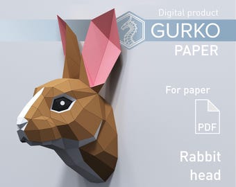 Cabeza de conejo, liebre, plantilla digital, descarga en PDF, gurko, trofeo, 3D Low Poly, pepakura, origami DIY, decoración de papel, regalo DIY