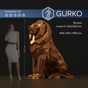 May include: A 3D paper model of a lion, made of 185 parts. The model is 1600 x 900 x 1800 mm and requires 4 sheets of 1250 x 2500 mm paper. The model is made of brown paper and is assembled into a realistic lion.