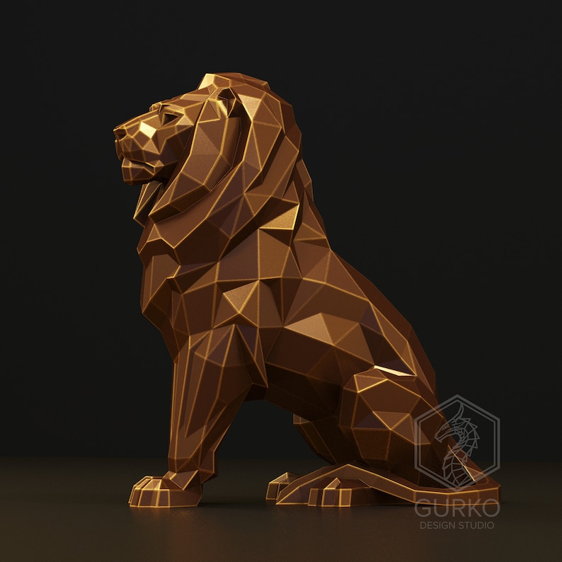 May include: A geometric, bronze-coloured lion sculpture with a low-poly design. The lion is sitting with its head turned to the side, and its mane is made up of many small triangles.