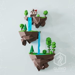 Papercraft Flying Island. Cascata, modello digitale, download PDF, Gurko, 3D Low Poly, Pepakura, scultura origami fai da te, decorazione di carta, regalo