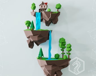 May include: A 3D illustration of a series of floating islands with waterfalls cascading down. Each island features a small house, trees, and a waterfall. The islands are arranged in a vertical stack, with the top island being the largest and the bottom island being the smallest.