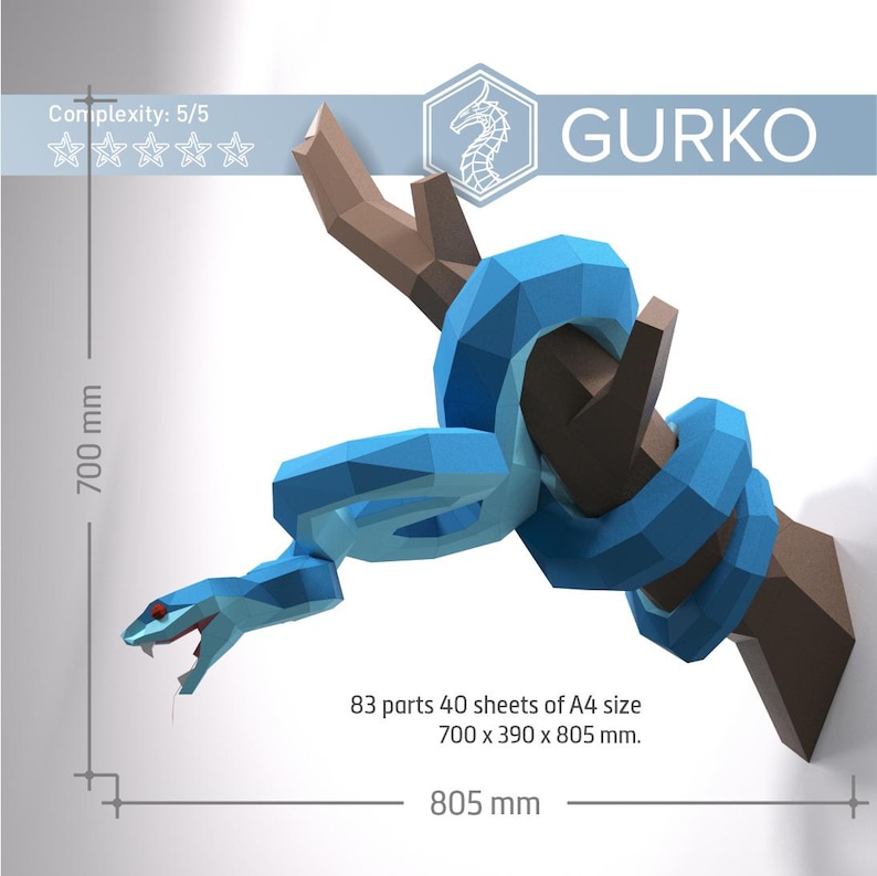 May include: A blue paper model of a snake wrapped around a brown branch. The model is 700 mm tall and 805 mm wide. The model is made of 83 parts and requires 40 sheets of A4 paper.