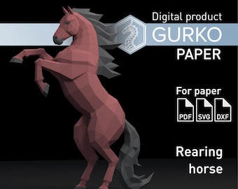 May include: A digital product featuring a geometric, rearing horse design in shades of red and gray. The image includes the text "GURKO PAPER" and file type icons for PDF, SVG, and DXF formats. The horse is set against a black background.