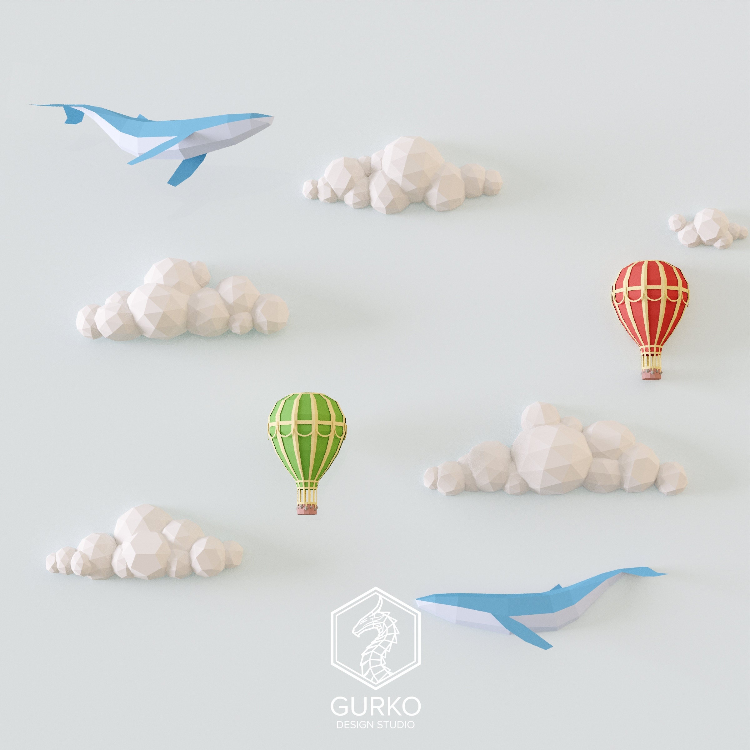 Papercraft Clouds With Whales and Hot Air Balloons, Digital Template ...