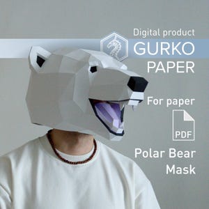 Máscara de oso polar en papel, plantilla digital, descarga en PDF, Gurko, máscara de animal en 3D de baja poli, origami DIY, Pepakura, máscara de papel, disfraz DIY
