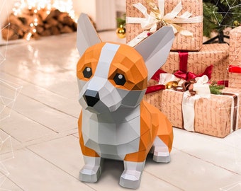 Papiermodell Corgis Welpe, Hund, Digitale Vorlage, PDF Download, Gurko, Low Poly, Pepakura, Origami Skulptur, Papierdekoration, DIY Geschenk