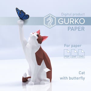 Papercraft Chat avec papillon, modèle numérique, PDF, SVG, téléchargement DXF, Gurko, LowPoly, Pepakura, sculpture en origami, décoration de fête en papier