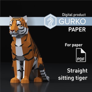 Sitting Tiger Papercraft, Cat, Digital Template, PDF Download, Gurko, 3D Low Poly, Pepakura, DIY Origami Sculpture, Paper Party Decoration