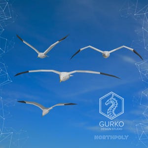 Puede incluir: Cuatro gaviotas blancas con puntas de alas negras vuelan contra un cielo azul brillante. Las gaviotas están en un estilo de bajo polígono, dándoles una apariencia geométrica. El cielo es de un color azul sólido sin nubes.