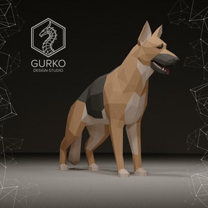 Pode incluir: Um modelo 3D de baixa poli de um cão pastor alemão em pé sobre uma superfície cinza. O cão é marrom, preto e branco. O fundo é preto com um padrão geométrico branco.