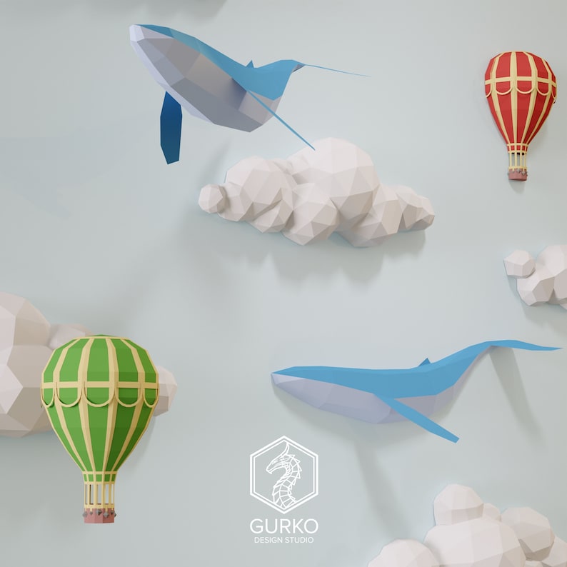 Papercraft Clouds With Whales and Hot Air Balloons, Digital Template ...