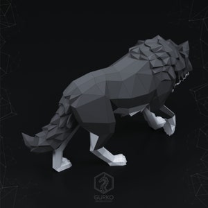 May include: A low-poly wolf model in a gray and white color scheme. The wolf is standing on a black surface and is facing away from the viewer. The model is made up of many triangles, giving it a geometric look.