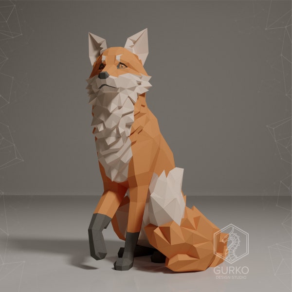 Sitzender Fuchs, Papierkunst, PDF, Gurko, Pepakura, Vorlage, 3D-Origami, Papierskulptur, Low-Poly-DIY-Handwerk