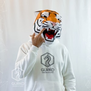 Máscara de tigre enojado, papel, gato, plantilla digital, descarga en PDF, gurko, máscara de animal en 3D de baja poli, origami DIY, pepakura, máscara de papel, disfraz