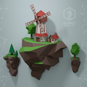Papercraft Flying Island. Mulino, modello digitale, download PDF, Gurko, 3D Low Poly, Pepakura, scultura origami fai da te, decorazioni di carta, regalo fai da te