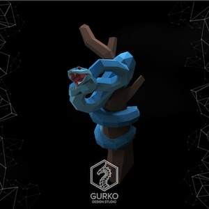 May include: A blue snake wrapped around a brown tree branch. The snake has a wide open mouth with sharp teeth. The snake is made of paper and is a 3D model.